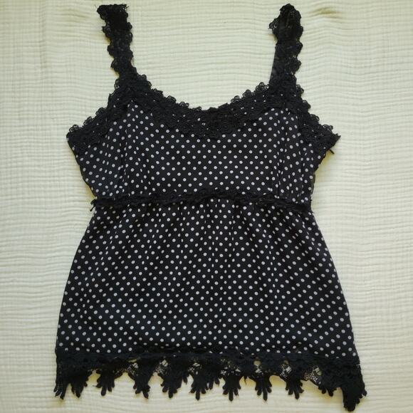 Apt. 9 Womens 14 Black Polka Dot Babydoll Tank Top Lace Trim Sheer Y2K Twee - Picture 2 of 7